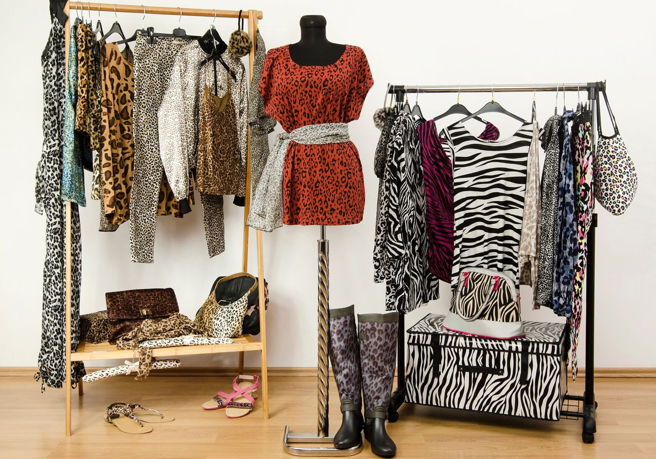 A clothing display features a mannequin in a red animal print dress.